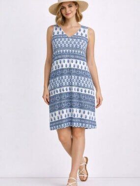 J.Jill Wearever Collection Blue White Sleeveless A-line Beach Dress Pockets - SP
